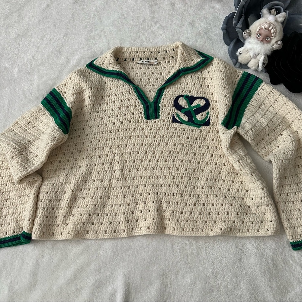 Sandro Paris Nicolas embroidered crocheted wool polo sweater - Picture 2 of 15